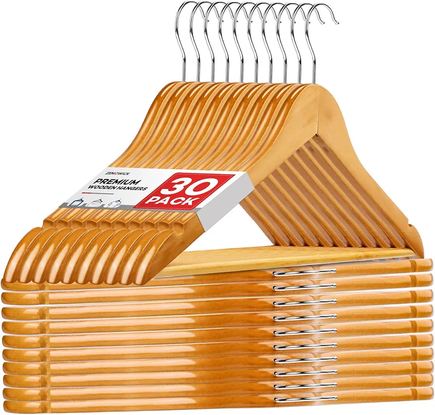 Wooden Hangers 30 Pack – Heavy Duty Natural Wood