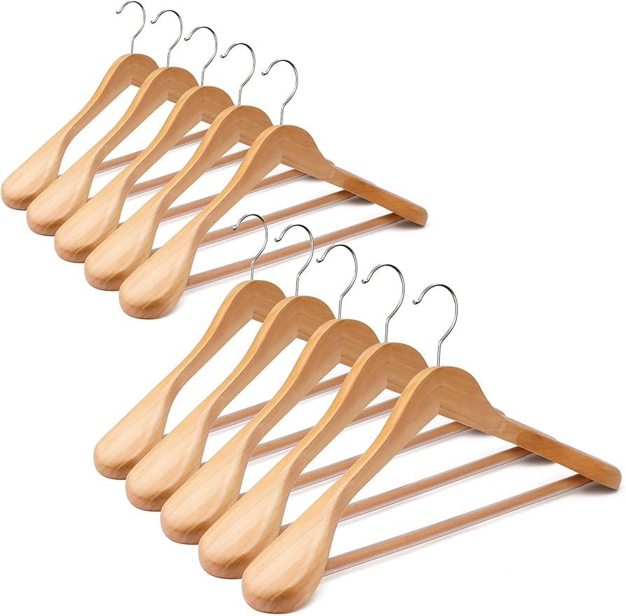 Wooden Suit Hangers 10 Pack - Heavy Duty Wide Shoulder
