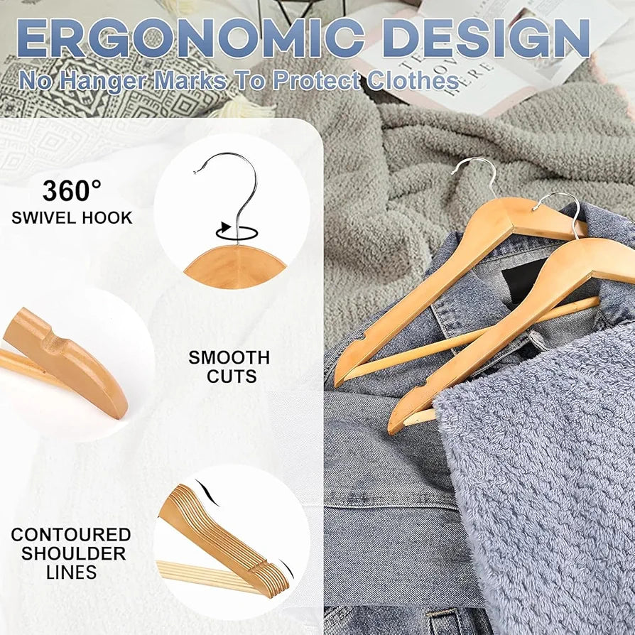 Wooden Hangers 30 Pack – Heavy Duty Natural Wood